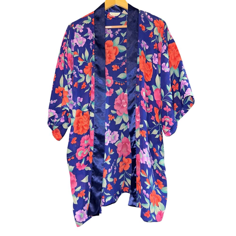 Vintage Gold Label Victorias Secret Floral Robe Pockets Satin Trim Flowy ~No Tie